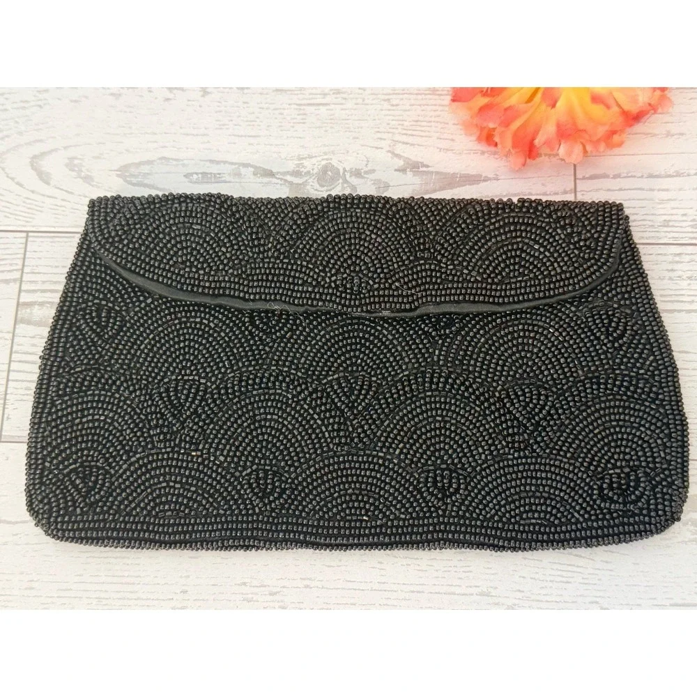 Hato Hasi Black Beaded Vintage Japan Satin Lined Clutch Evening Formal Purse EUC
